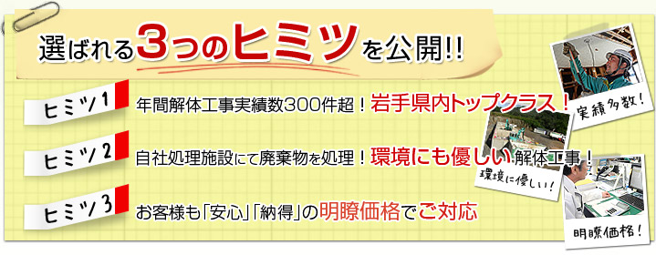 選ばれる3つのヒミツを公開！！　ヒミツ１岩手県内トップクラス！　ヒミツ2環境にも優しい解体工事！　ヒミツ3明瞭価格でご対応